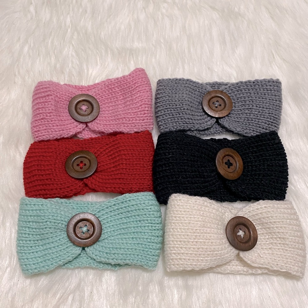 6 Pack of Winter Knit Baby Headbands With Buttons - Picture 1 of 6